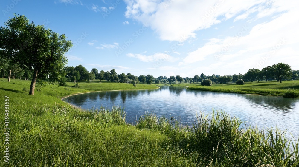 Fototapeta premium Serene landscape with a calm lake surrounded by lush greenery.