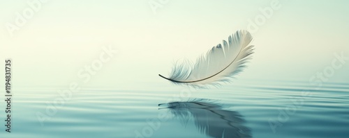 A minimalist concept of a feather floating over a still pool of water, 4k photo.