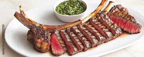 Bone-in ribeye steak sliced thinly, served with a tangy chimichurri sauce