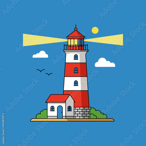 A stylized illustration depicts a red and white striped lighthouse on a small island next to a keeper's house, with a bright beam of light.