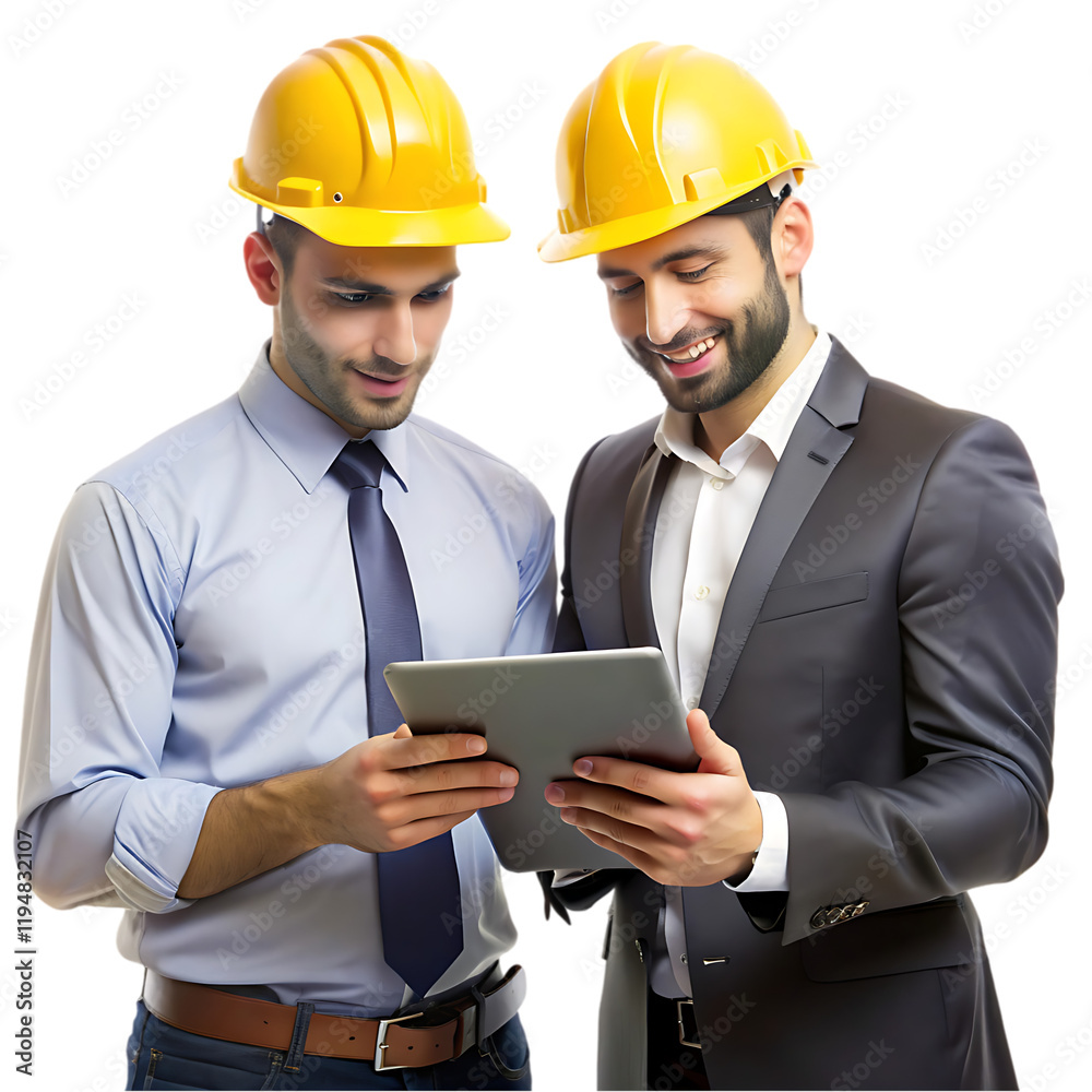 Two Engineers Reviewing Project Tablet Digital Plan Construction men tie job suit work Two Engineers Reviewing Project Tablet Digital Plan Construction men tie job suit work