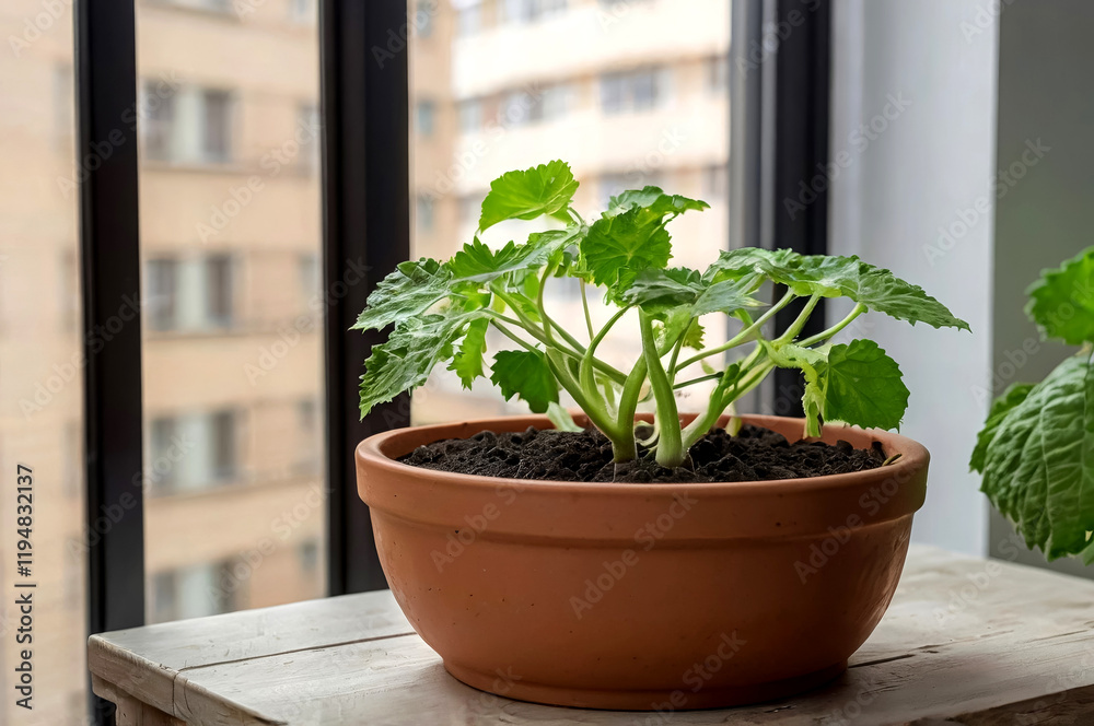 Green Potted Plant on a Sunlit Window Sill in an Urban Setting Green Potted Plant on a Sunlit Window Sill in an Urban Setting