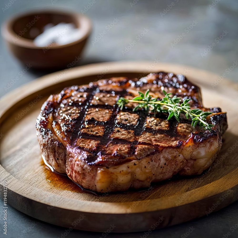 Charcoal-grilled ribeye steak resting on a wooden platter, garnished with thyme sprigs Charcoal-grilled ribeye steak resting on a wooden platter, garnished with thyme sprigs