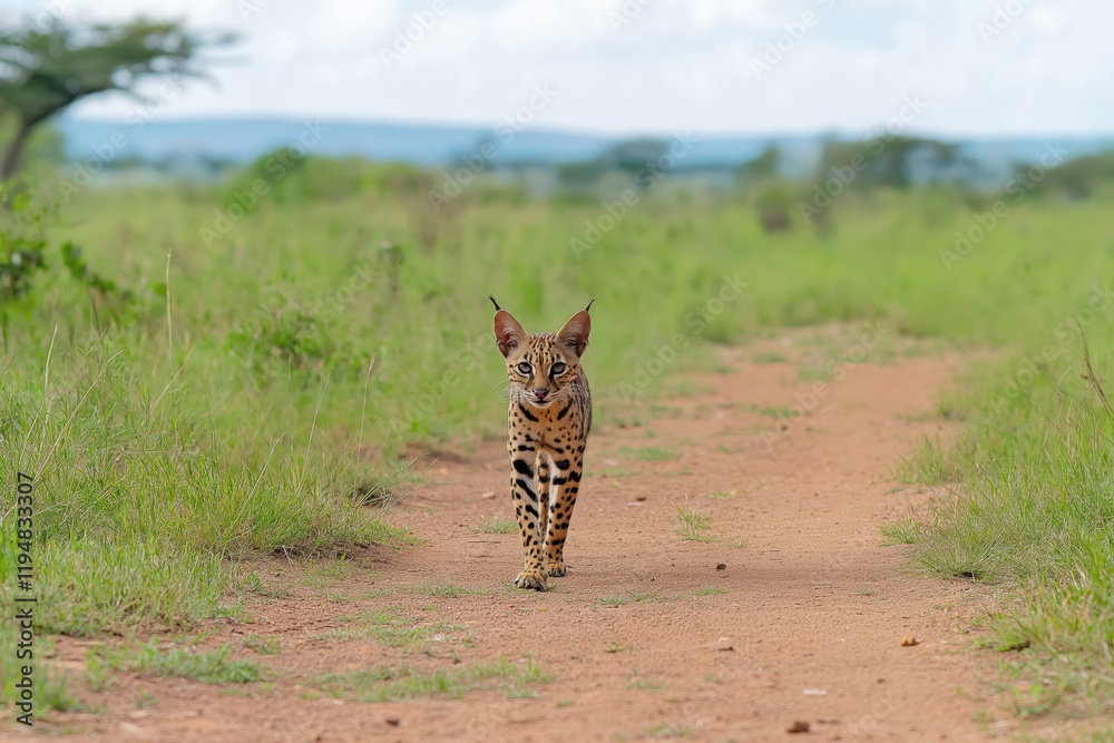 Fototapeta premium A small cat is walking on a dirt road in a grassy field. The cat is looking to the right