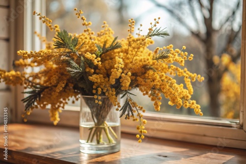 A beautiful fluffy bouquet of mimosa in a vase. Close-up. The concept of spring at home and International Women's Day on March 8th.