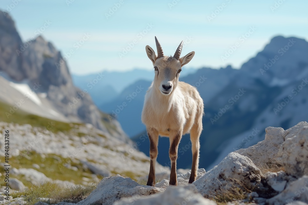 A goat stands on a rocky mountain top, looking out over the landscape. The scene is serene and peaceful, with the goat as the focal point A goat stands on a rocky mountain top, looking out over the landscape. The scene is serene and peaceful, with the goat as the focal point