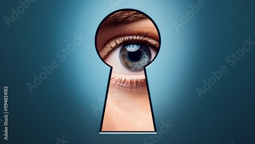 A close-up of a keyhole on a clean background with a human eye peeking out of it. The image conveys the concept of curiosity, mystery and surveillance with a realistic and detailed design.