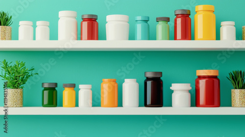 Wallpaper Mural Colorful jars and plants on a shelf against a vibrant turquoise wall. Torontodigital.ca