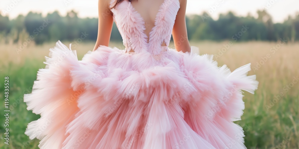 Naklejka premium A woman in a pink dress is standing in a field. The dress is very long and has a lot of ruffles. The field is green and has some grass. The woman looks happy and carefree as she dances in the field