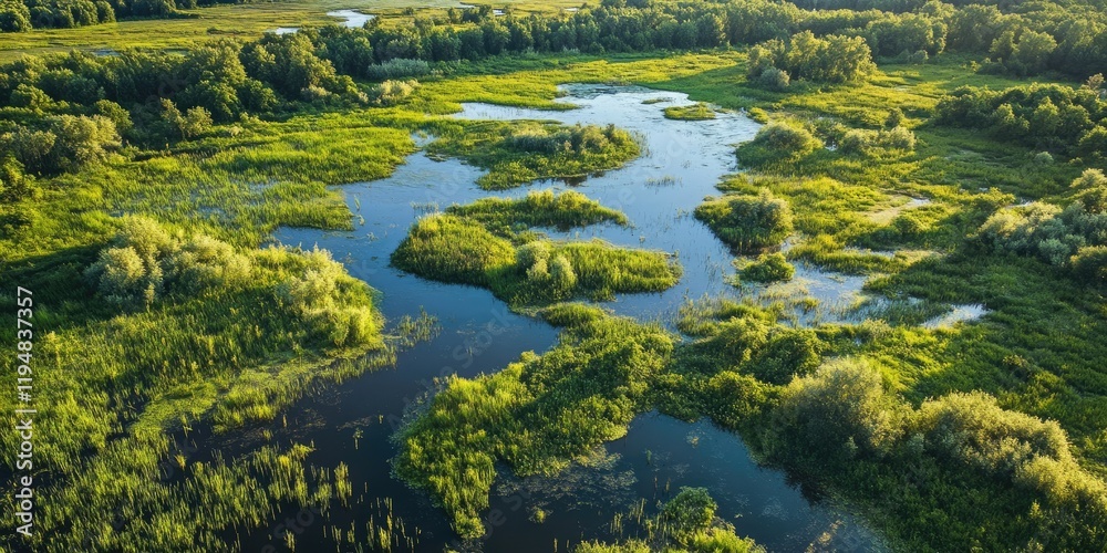 Aerial view of a lush green wetland park with winding water channels and diverse vegetation under bright sunlight showcasing nature's beauty Aerial view of a lush green wetland park with winding water channels and diverse vegetation under bright sunlight showcasing nature's beauty