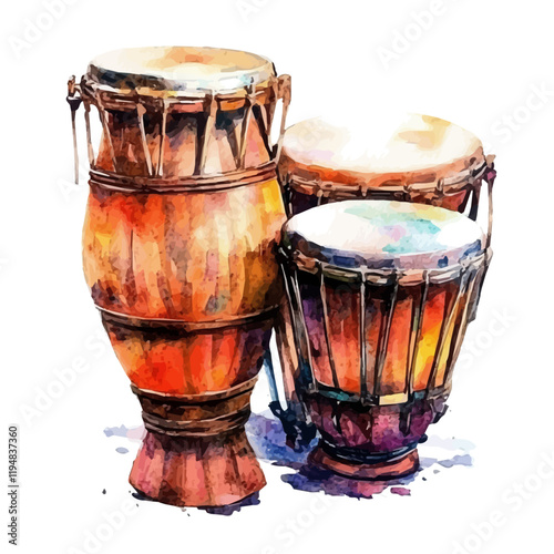 A watercolor of a hand playing a djembe, isolated on a white background. Percussion instrument vector.
