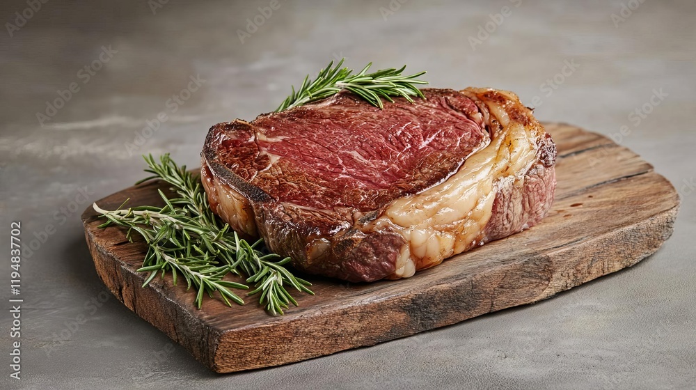 Dry-aged ribeye steak resting on a rustic board with a garnish of fresh rosemary Dry-aged ribeye steak resting on a rustic board with a garnish of fresh rosemary