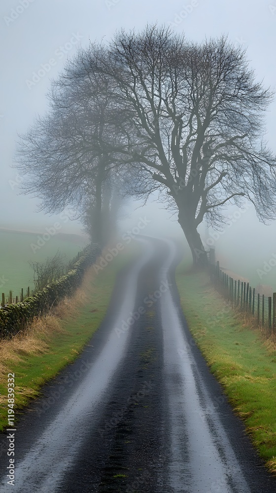 Fototapeta premium Foggy road lined with trees, creating a mysterious and serene atmosphere.