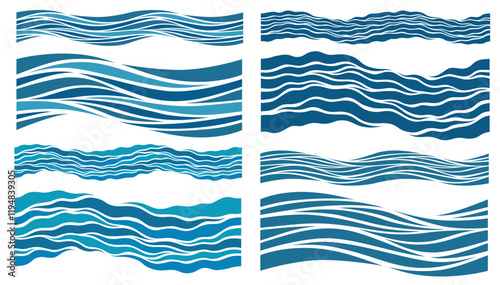 Blue Waves Set. Seamless beautiful waves. Vector blue marine pattern. Stylized design.