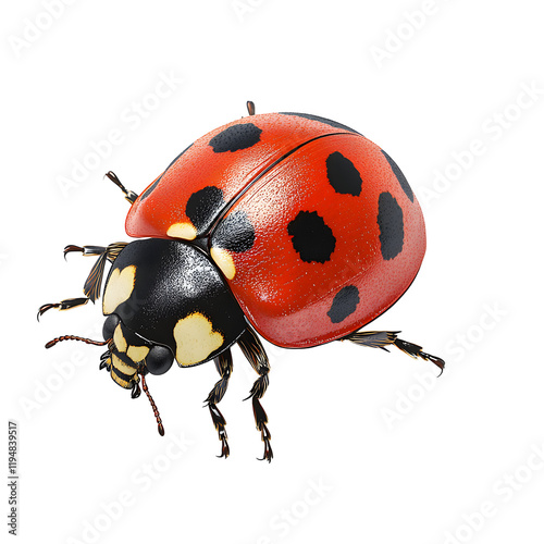 Red Ladybug with Black Spots Crawling on White Background, Isolated Insect Closeup, Detailed 3D Render, Transparent Background.