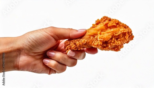 Female hand holding fried chicken on white background.