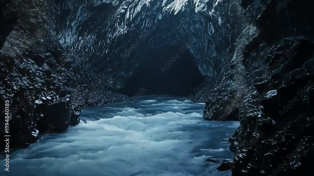 Flowing underground river in dark cave