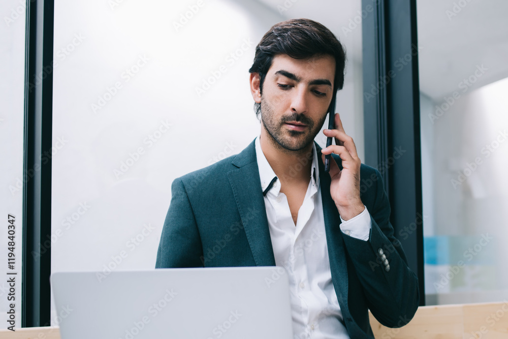 South Asian male entrepreneur have multitasking job via modern technology checking received business email on digital laptop, man in formal apparel reading financial news while phoning on mobile South Asian male entrepreneur have multitasking job via modern technology checking received business email on digital laptop, man in formal apparel reading financial news while phoning on mobile