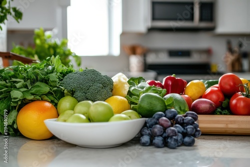 A clean eating grocery shopping haul, displayed on a kitchen counter, featuring a variety of fresh photo