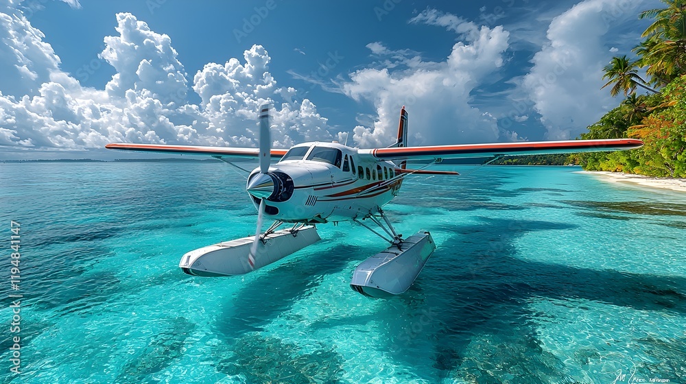 Fototapeta premium Vibrant Seaplane Landing on Clear Tropical Waters with Palm Trees