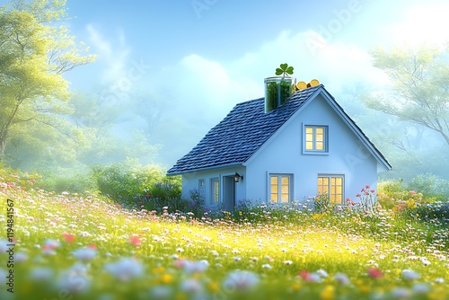 A Small White Cottage Nestled Amidst a Field of Blooming Flowers,  with a Pot of Gold and a Shamrock on the Roof, Capturing the Essence of Irish Charm and Luck.