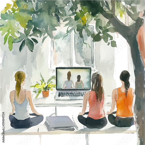 A watercolor of a yoga pose demonstrated in an online class, isolated on a white background. Yoga vector.

