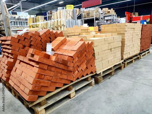 Tablou pe pânză Selling orange and fire bricks in a store. Copy space for text