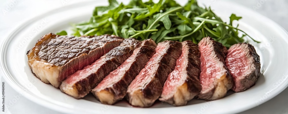 Ribeye steak cooked rare, sliced thin, and paired with a light arugula salad Ribeye steak cooked rare, sliced thin, and paired with a light arugula salad