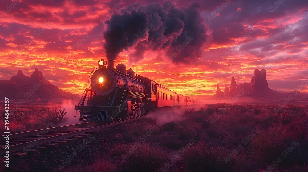 Fototapeta premium Vintage Steam Train in Dramatic Sunset Over Scenic Landscape