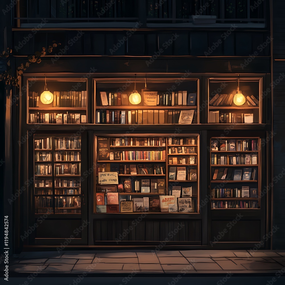 A captivating night view of a charming old bookstore filled with countless books, inviting a sense of peace and wonder. A captivating night view of a charming old bookstore filled with countless books, inviting a sense of peace and wonder.