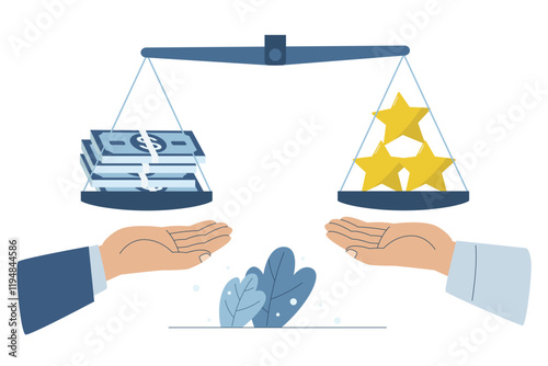 Balance scales between money and quality, High quality products create more value, Businessman hands offer quality goods in exchange for a large sum of money, Flat vector design illustration.