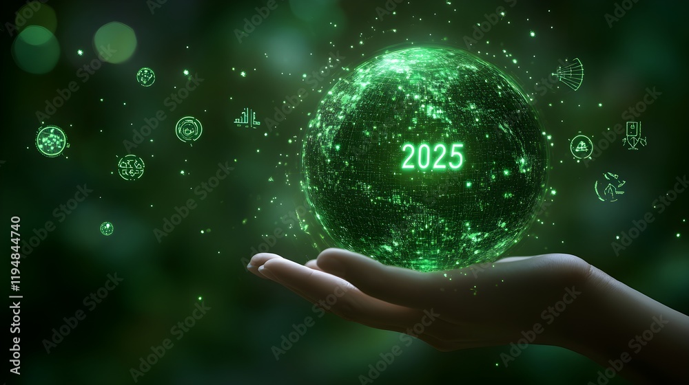 Futuristic Green Globe with 2025 Vision in Hand Concept Futuristic Green Globe with 2025 Vision in Hand Concept