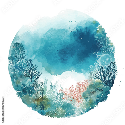 A watercolor of ocean acidification, with submerged marine life suffering from changing pH levels, isolated on a white background. Ocean acidification vector.

