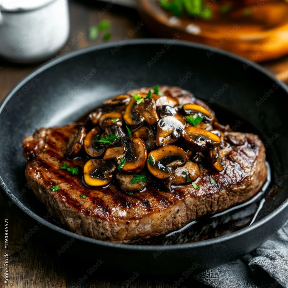 Ribeye steak topped with sauteed wild mushrooms and a drizzle of balsamic glaze Ribeye steak topped with sauteed wild mushrooms and a drizzle of balsamic glaze
