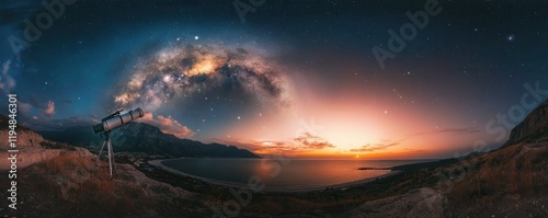 A powerful telescope pointing towards the Milky Way under a star-filled sky, 4k photo.