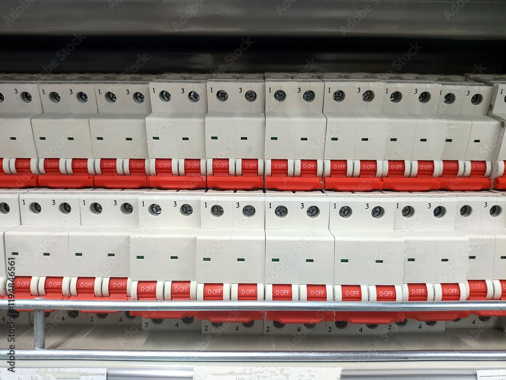Many electrical circuit breakers in a hardware store, background, close-up Many electrical circuit breakers in a hardware store, background, close-up