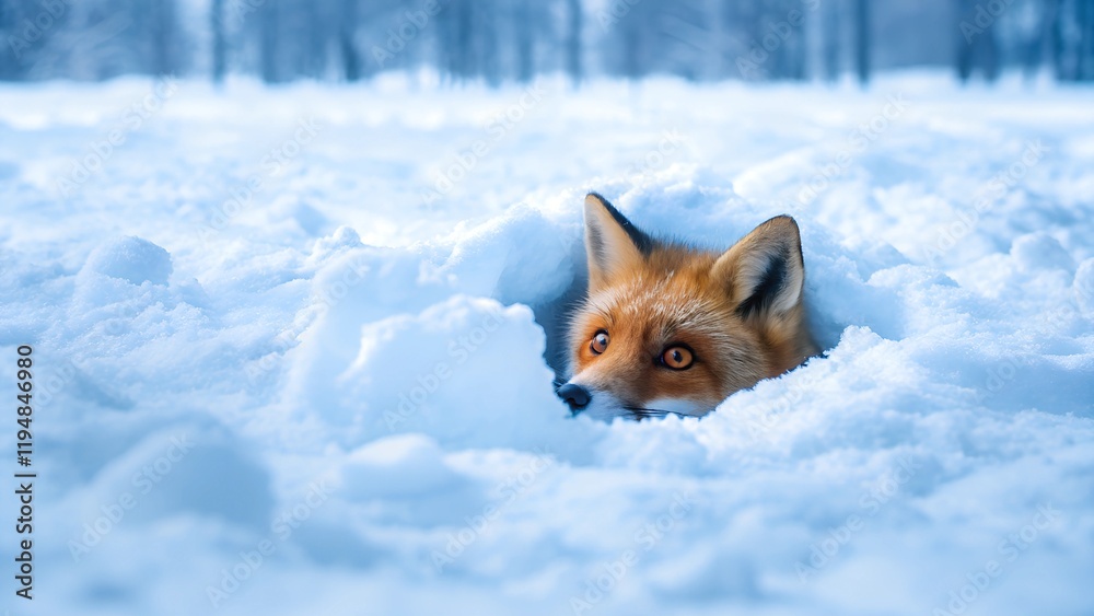 Fototapeta premium The fox's head comes out of a hole in the snow
