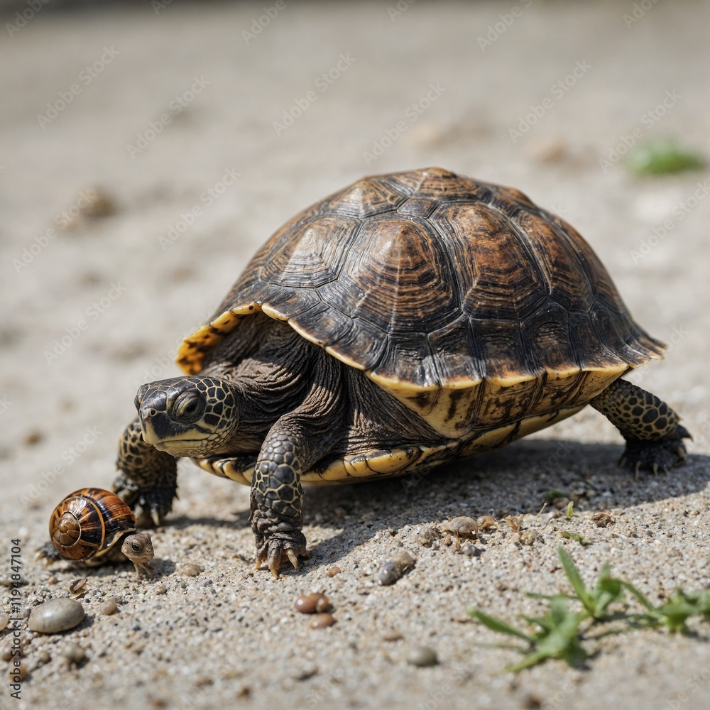 A turtle with a small snail on its shell, white background.
A turtle with a small snail on its shell, white background.