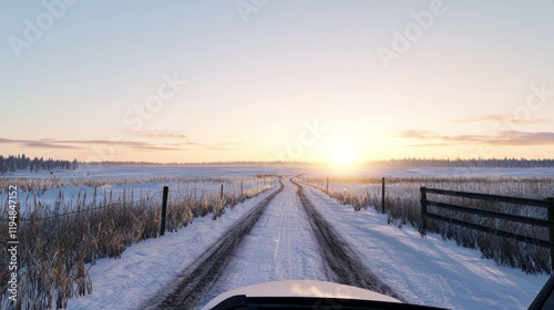 Snowy Country Road at Sunset