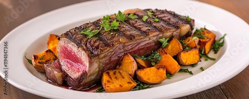 Sous vide ribeye steak with a caramelized crust, paired with roasted sweet potatoes and fresh herbs photo