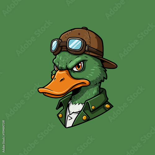 The image shows a stylized cartoon duck wearing aviator goggles and a cap a green jacket.