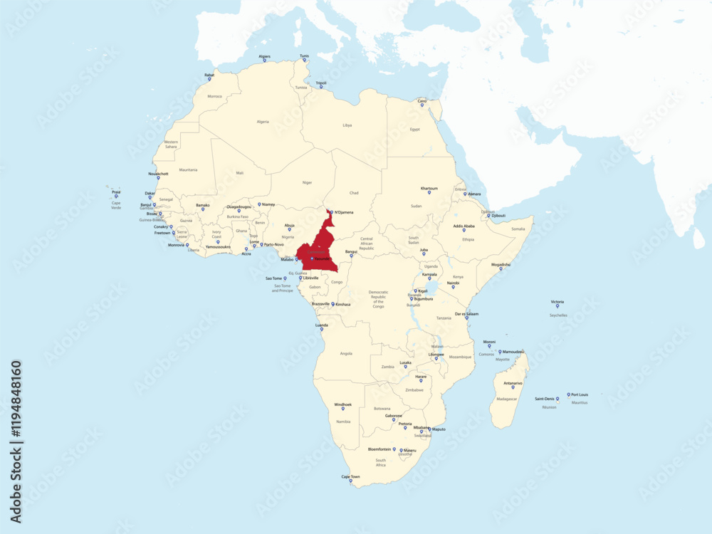 Obraz premium Detailed national location map of CAMEROON within the great continent of Africa