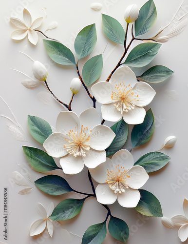 Wallpaper Mural 3D digital art of white cherry blossom branch on white background Torontodigital.ca