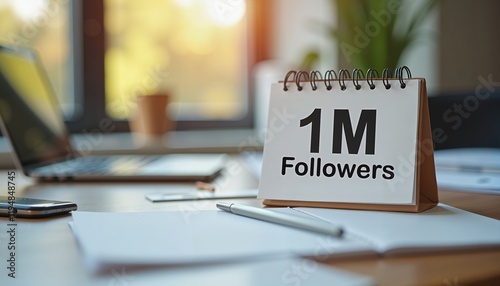 Desk with 1M Followers sign in sunlit office; social media growth success concept