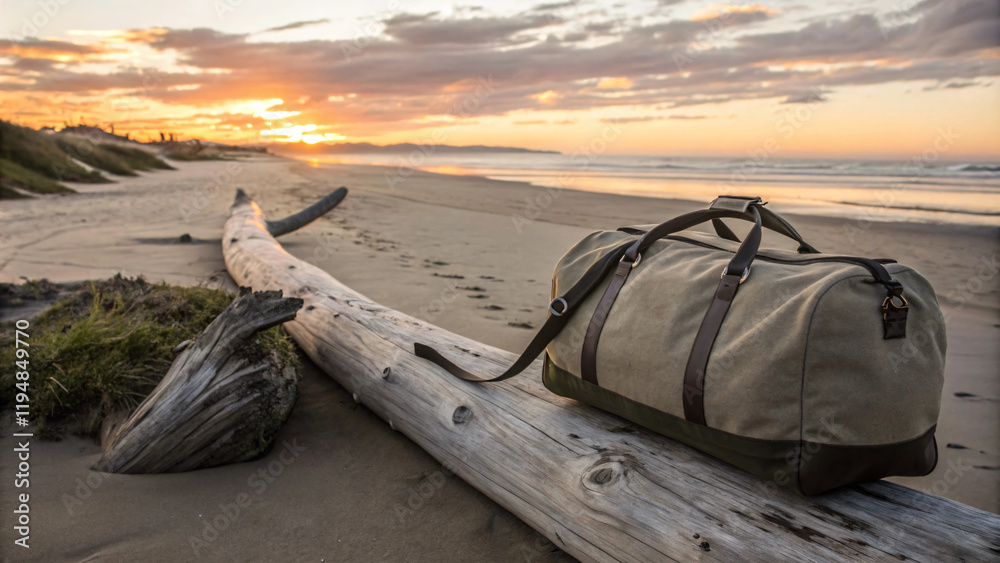Cozy Evening at Beach with Stylish Duffle Bag on Driftwood Cozy Evening at Beach with Stylish Duffle Bag on Driftwood