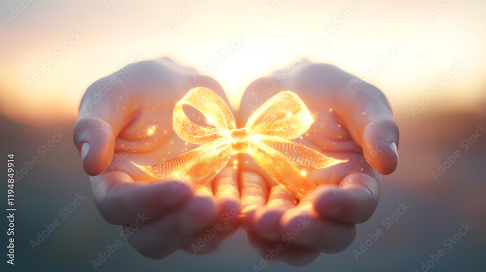 Hands holding a glowing gift with a bow, symbolizing generosity and hope.