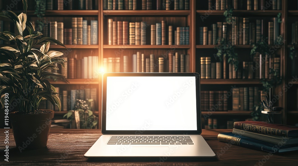 Laptop with blank screen on table in Modern library or bookstore interior with Learning and coworking space,relax zone,Library with rows of bookshelves,school or university,education concept. Laptop with blank screen on table in Modern library or bookstore interior with Learning and coworking space,relax zone,Library with rows of bookshelves,school or university,education concept.