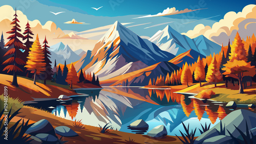 Autumn alpine landscape with lake and mountains reflection in water, Stunning winter landscape, A serene mountain lake mirroring the snow-capped peaks surrounding it.