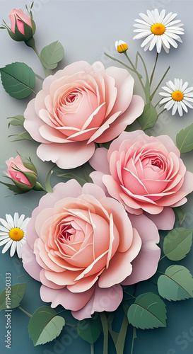  Paint style of floral arrangement, different sizes of roses, pink and white flowers