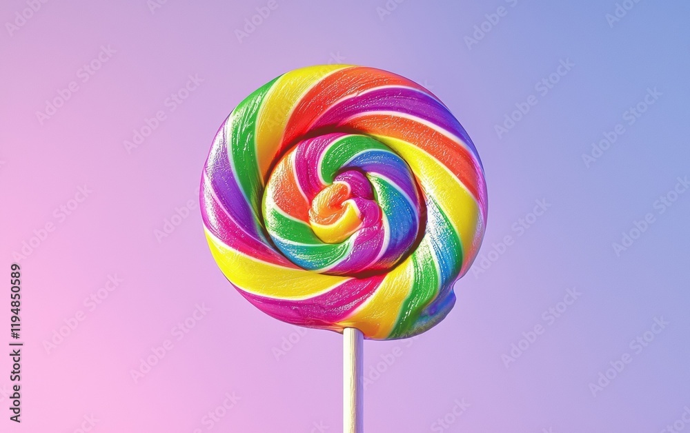 A rainbow lollipop with bright swirls, floating mid-air on a pastel lavender background A rainbow lollipop with bright swirls, floating mid-air on a pastel lavender background